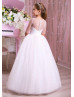 White Pearls Tulle Buttons Back Long Flower Girl Dress